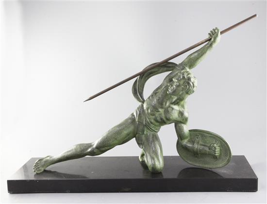 Salvatore Melani. An Art Deco green patinated bronze figure of a gladiator, width 27.5in.